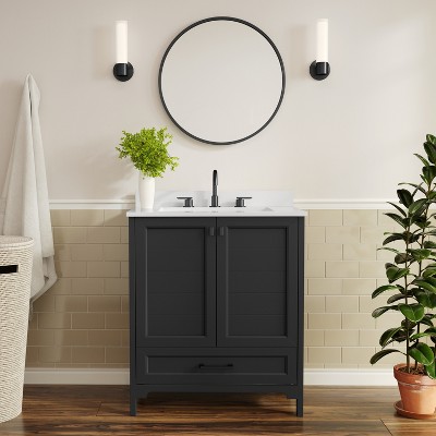 Flash Furniture Haven Bathroom Vanity with Sink, Storage Cabinet with Soft Close Doors and Bottom Drawer, Carrara Marble Finish Countertop