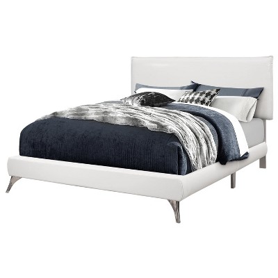 Monarch Specialties Bed Queen Size Platform Bedroom Frame Upholstered Pu Leather Look Metal Legs White Chrome Contemporary Modern