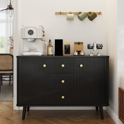 47" Sideboard Buffet Cabinet with 3 Drawers, Fluted Entryway Coffee Bar Cabinet, Wooden Floor Cupboard, Media Console Table for Living Room