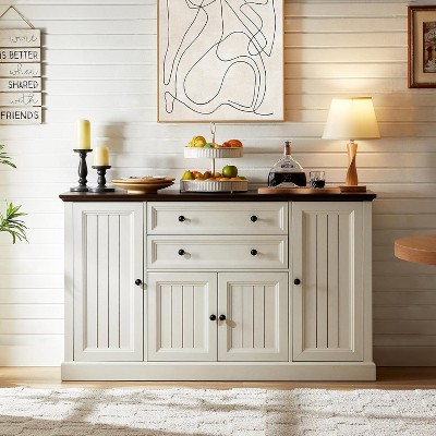 58″ Farmhouse Buffet Cabinet, Wood Rustic Sideboard Cabinet with 2 Drawers & 4 Grooved Barn Doors, Coffee Bar Cabinet with Adjustable Shelves