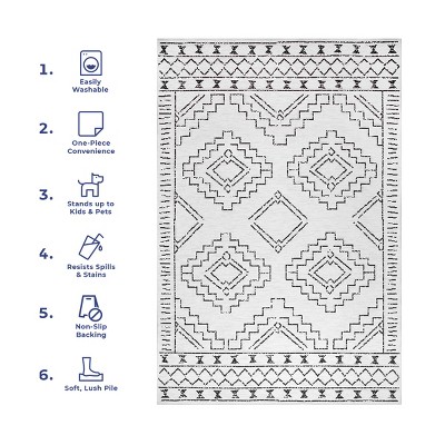 Ivory and Black Machine Washable Moroccan Area Rug