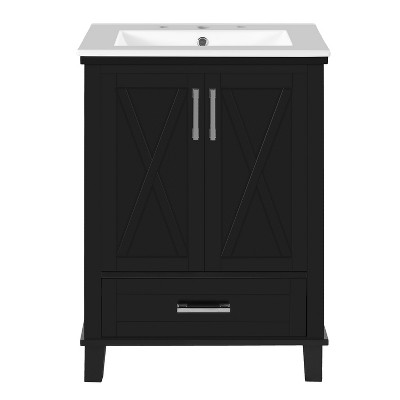 Vynxaria 24-Inch Bathroom Vanity - Ceramic Sink, 2 Soft-Close Doors, Divided Drawer, Dual Shelves, Black