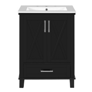 Vynxaria 24-Inch Bathroom Vanity - Ceramic Sink, 2 Soft-Close Doors, Divided Drawer, Dual Shelves, Black - 1 of 4