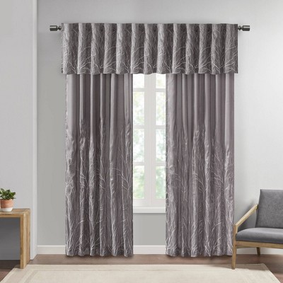 Gray Faux Silk Embroidered Puddle Length Curtain Panel