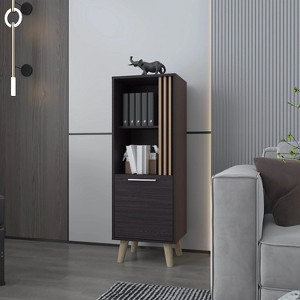 Wengue and Natural Oak Storage Cabinet with a Door and Open Storage - 1 of 4