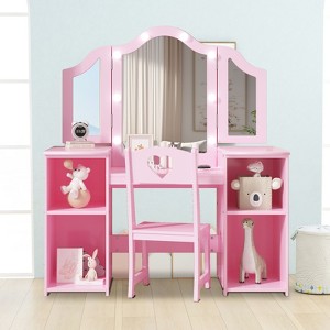 46''H Kids Vanity w/Lights & Chair - Convertible Desk w/Tri-Mirror, 4 Storage Bins, CPSIA Certified (Pink/White) - 1 of 4