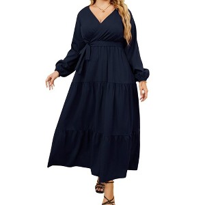 YESFASHION Women Plus Size Maxi Long Sleeve V-Neck Wrap Casual Tie Waist Long Dress - 1 of 4