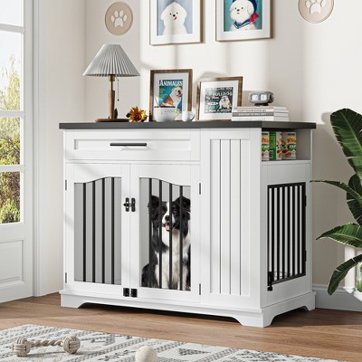 Furniture Style Dog Crate for Large Dogs, 44 Inch Wooden Dog Kennel Furniture with Drawer & Side Storage and Bulit-In Feeding Station