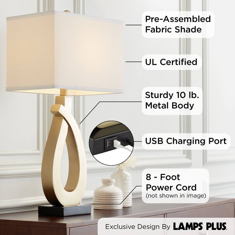 360 Lighting Simone Modern Table Lamps 28" Tall Set of 2 Sculptural Gold Metal USB Charging Port White Rectangular Shade Bedroom Living Room, 3 of 10