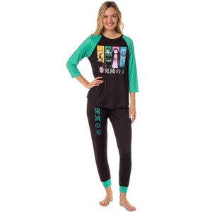 Demon Slayer Women's Character Panels Kanji Raglan Lounge Pajama Sleep Set - 1 of 4