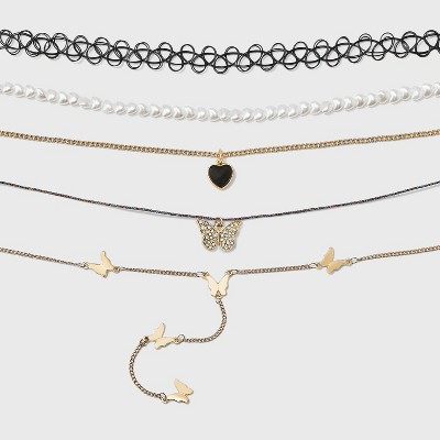 Gold Chain & Black Tattoo Choker Necklaces Set, 5-Piece