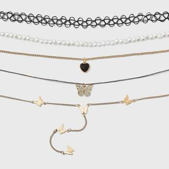 Butterfly and Pearl Heart Choker Necklace Set 5pc - Wild Fable™ Gold