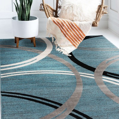 Modern Abstract Waves Blue Polypropylene Area Rug