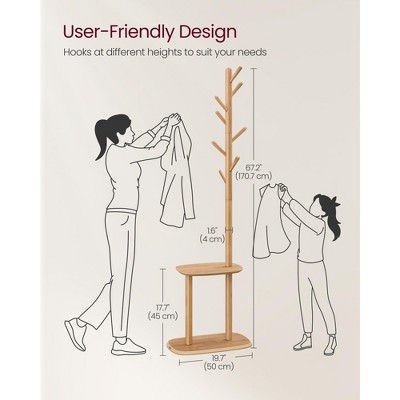 Natural Beige Freestanding Coat Rack with 8 Hooks and Shelf