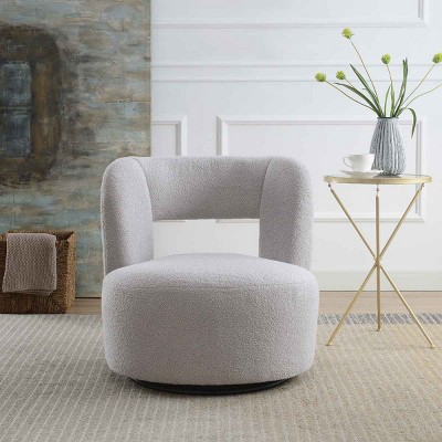 Swivel Barrel Chair with Teddy Fabric, Round Accent Chair with 360° Base for Living Room, Polywood Chair with Polyester Cushion-Coolbibila