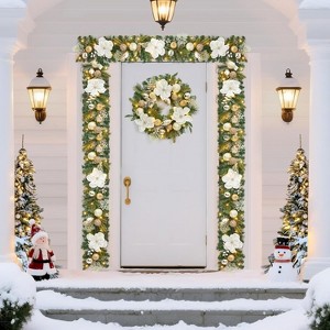 6ft Prelit Christmas Garland with Lights for Mantle,Battery Operated with Magnolia Flowers Gold Balls,Decoration for Fireplace Stair Railing TV Stand - 1 of 4