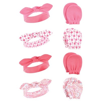 Hudson Baby Infant Girl Cotton Headband and Scratch Mitten Set, Flamingo, 0-6 Months