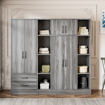 6 Door Wooden Storage Wardrobe With Shelves And 2 Drawers, 70'' Tall Clothing Storages, Modern Armoires & Wardrobe Closets-Cuddlewood