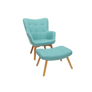 2pc Tufted Fabric Mid-Century Modern Lounge Chair with Ottoman Solid Honey Beechwood Legs Teal OFM, Blue