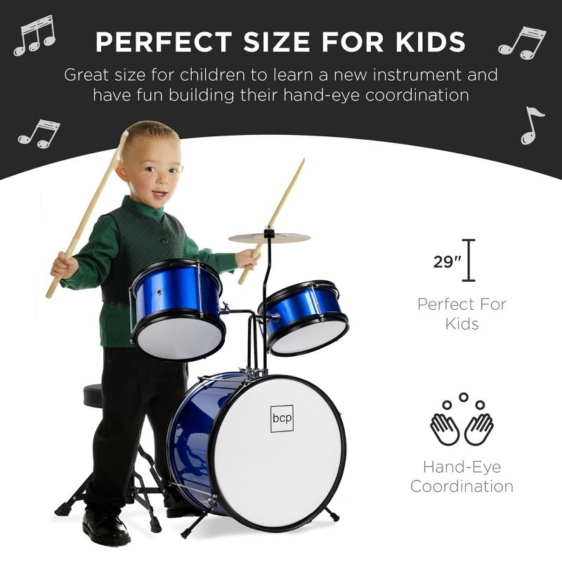 Best Choice Products Kids Beginner 3-Piece Drum, Musical Instrument Set w/ Sticks, Cushioned Stool, Drum Pedal, 3 of 10