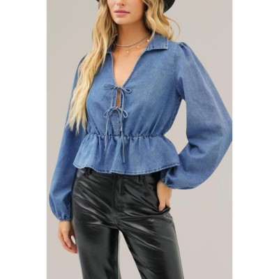 Women's washed cotton denim double tie front long sleeve top - Idem Ditto