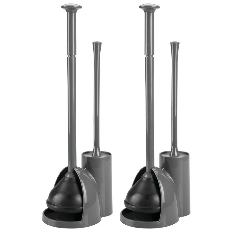 mDesign Compact Plastic Toilet Bowl Brush and Plunger Combo, 2 Pack, 1 of 9