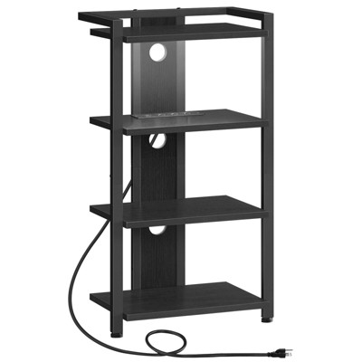 Itopfox 4-Tier AV Media Console with Charging Station, LED Light, Wooden Stereo Cabinet, Corner TV Stand for Record Player & Entertainment Devices
