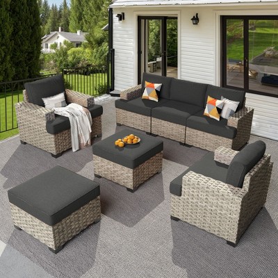 XIZZI All-Weather Rattan Furniture, Sectional Sets w/ Optional Solar Light-Up Coffee Table & Ottoman, Choose 6-9pc Configs in 8 Fade Resistant Colors