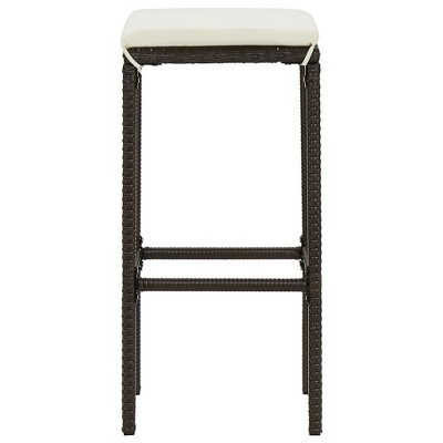 White Steel Bar Stool with Brown Poly Rattan Cushions, Set of 2