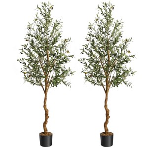 Artificial Olive Tree Tall Faux Silk Olive Trees Decor Indoor Fake Potted Tree with Natural Wood Trunk and Lifelike Fruits 2 Pack - 1 of 4