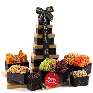 Happy Holiday Tower Gift Basket, Premium Gourmet Nuts & Dried Fruits + Black Ribbon (12 Assortments) - 1 of 4