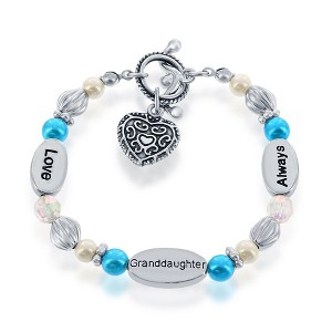 Bella Silver Silvertone 6.5" Love, Granddaughter, Always' w/ Aqua & White Pearl Beads Bracelet - Aqua - 6.5 Inch - 1 of 2