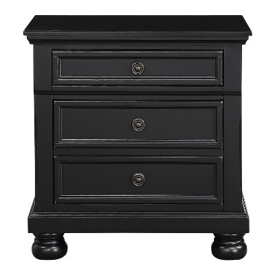 Vynxaria Casual Transitional Nightstand - Black Finish, 2 Dovetail Drawers, Bun Feet, Antique Bronze Knobs, Bedroom Bedside Table