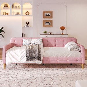 YOOCOZZ Twin Size Linen Upholstered Wood Daybed with Button Tufting Backrest and Armrests - 1 of 4