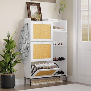 Shoe Cabinet with 3 Flip-out Drawers, Rattan Freestanding Shoe Organizer with Open Shelves Side Cabinet, for Entryway, Hallway, Living Room, - 1 of 4