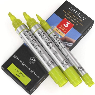 Arteza Acrylic Markers (A600 Lime Green), 2 Big Barrel (chisel+bullet nib) + 1 Small Barrel, Single Color - 3 Pack (ARTZ