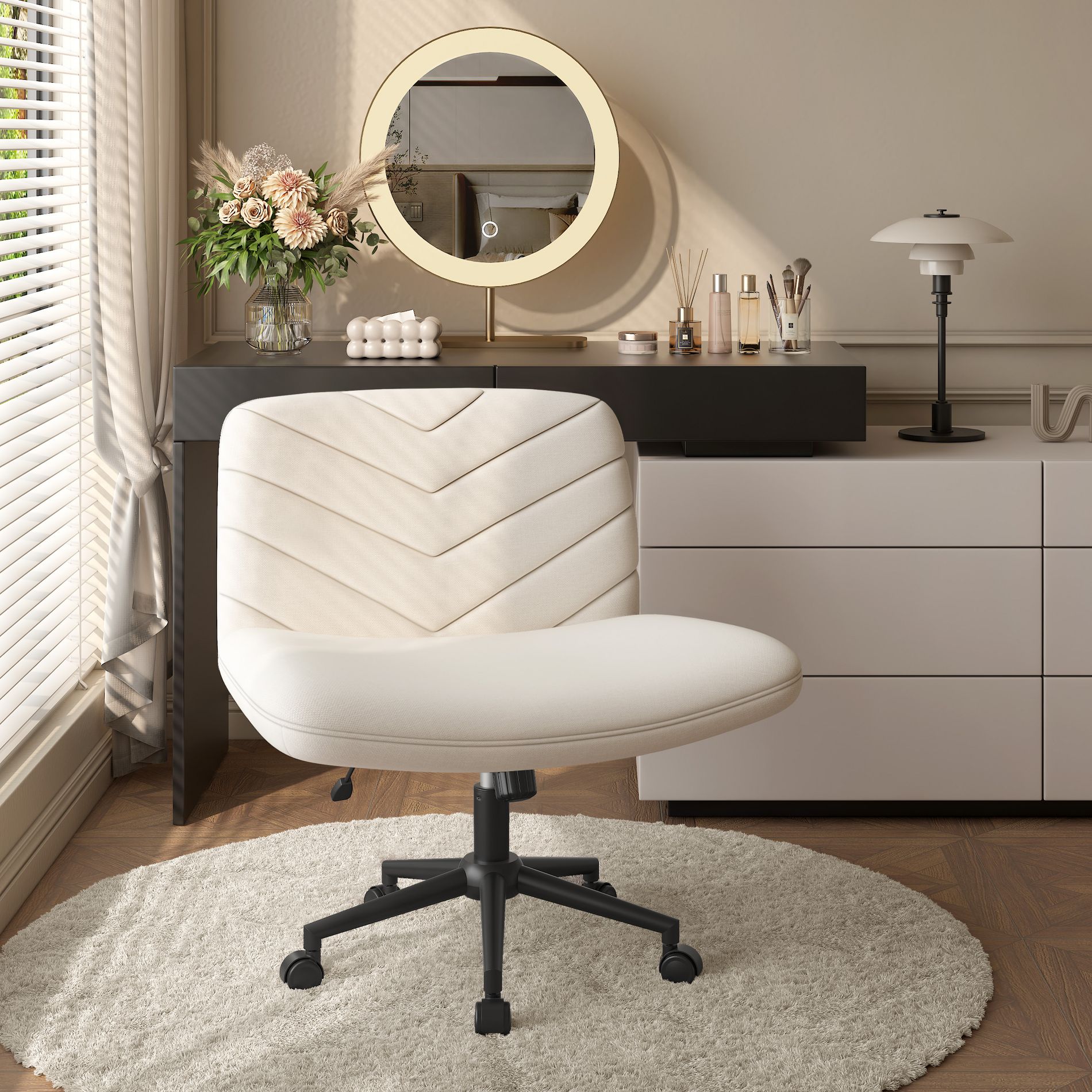 Yaheetech 32.5"H Boucle Swivel Armless Desk Chair, Cross-Legged Rolling Chair for Office, Bedroom & Vanity, Beige