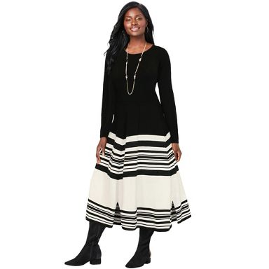 black flare sweater dress Ribbed Knit Fit and Flair Skater Sweater Dress in Black | Womens Clothing  and Fashion
