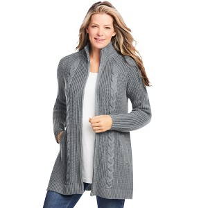 Woman Within Cabled Zip-Front Cardigan - 1 of 4
