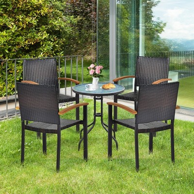 Black Wicker and Acacia Wood Stackable Outdoor Dining Chairs, Set of 4