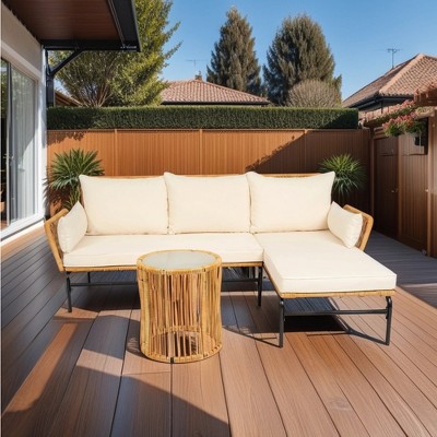 VisioGear Patio Seating Sets, 3 Pieces Patio Sectional Outdoor Furniture Sofa Set with Cushion, Beige, 78.74"*28.54"*30.71"