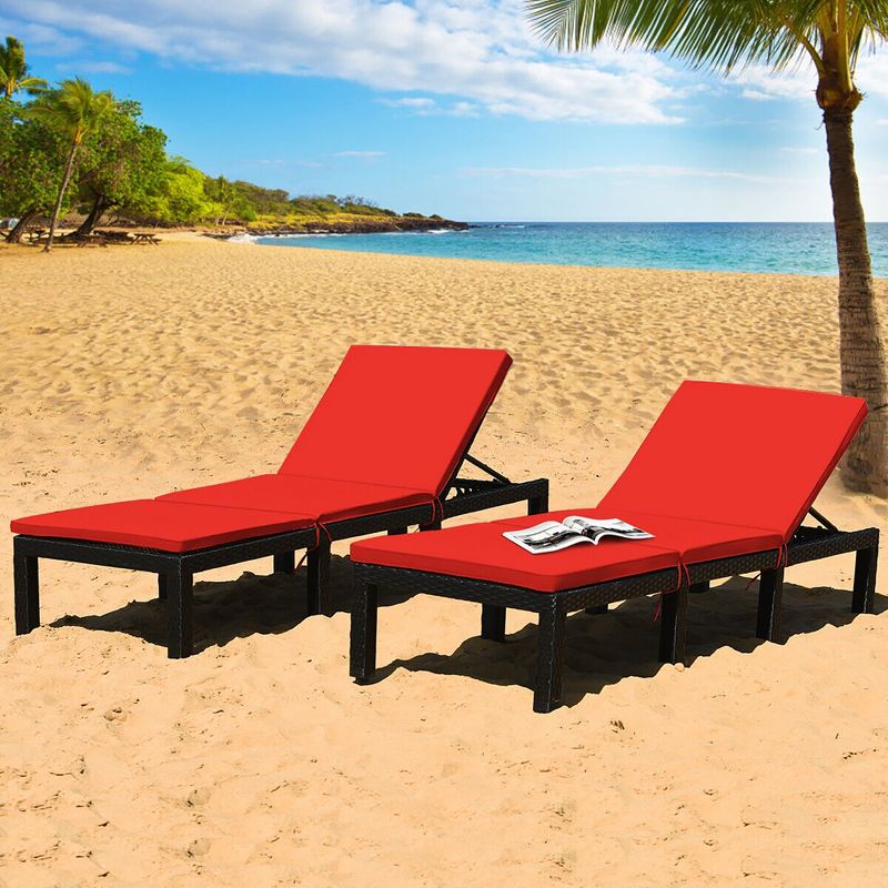 Tangkula 2PCS Patio Lounge Chair Rattan Chaise w/ Adjustable Navy/Red & Off White Cushioned, 3 of 8