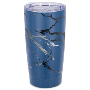 Elanze Designs 20 oz Stainless Steel On the Go Insulated Travel Tumbler With Push Top Lid, Silver Tone Marble Print Blue - 1 of 4