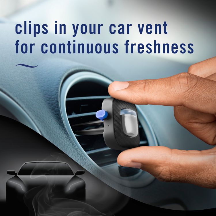 A person is clipping a black colored car vent freshener with a blue clip into a car air vent, with the text "clips in your car vent for continuous freshness" above.