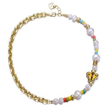 Guili 14k Yellow Gold Plated Multi Color Beads Necklace with Freshwater Pearls and a Butterfly Charm for Kids