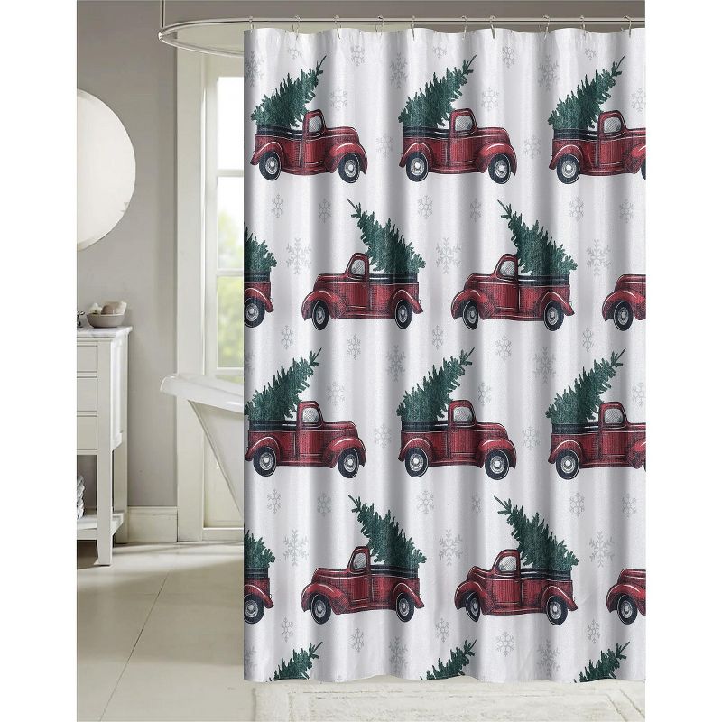 Kate Aurora Holiday Sparkle Christmas Delivery Trucks & Evergreens Fabric Shower Curtain, 1 of 2