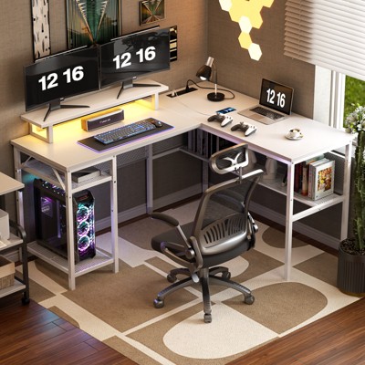 Aheaplus Reversible L-shaped Desk with Power Outlets and RGB LED Lights, Computer Desk with CPU Stand and Monitor Stand