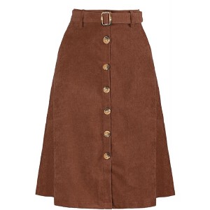 Allegra K Women's High Waist Solid Button Front A-Line Belted Corduroy Midi Skirt - 1 of 4