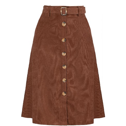 Allegra K Women s High Waist Solid Button Front A Line Belted Corduroy Midi Skirt Dark Brown X Large