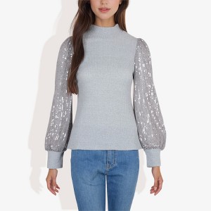 Anna-Kaci Women's Mock Neck Top Sequin Detail Ribbed Knit Pullover - 1 of 4